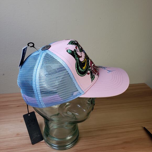 Ed Hardy Women\'s Women\'s Rhinestone‎ Skull Trucker Hat Pastel Pink Blue Mesh Y2K main image 7